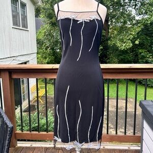 Cache Y2K Black slinky dress mesh White embroidered flowers dragonfly